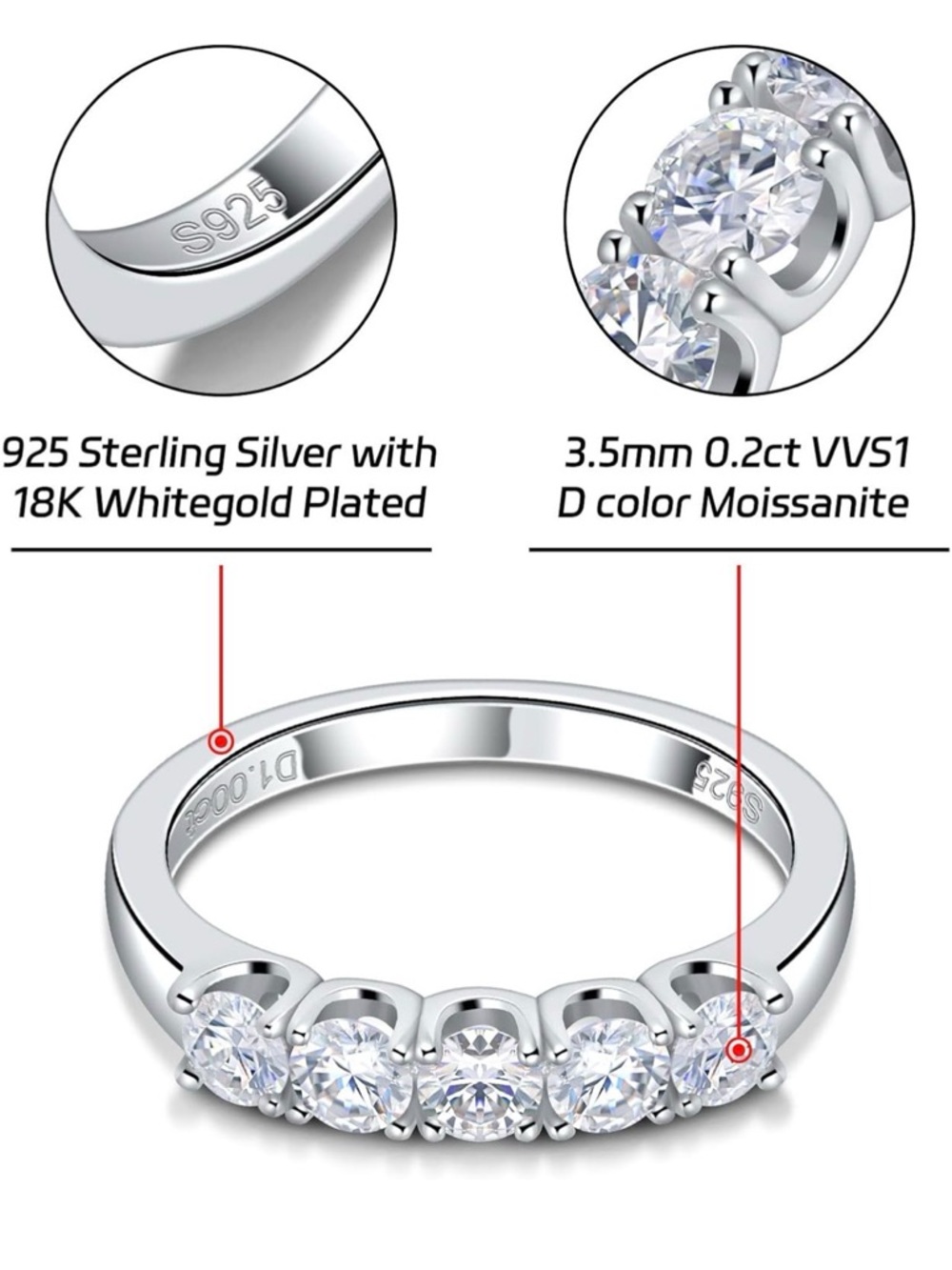 Moissanite Wedding Band 1 Carot S925 Sterling Silver Rings D color Size 5 - Picture 3 of 8
